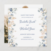 Save The Date Russe Floral Boho bleu et Mariage beige (Devant / Derrière)