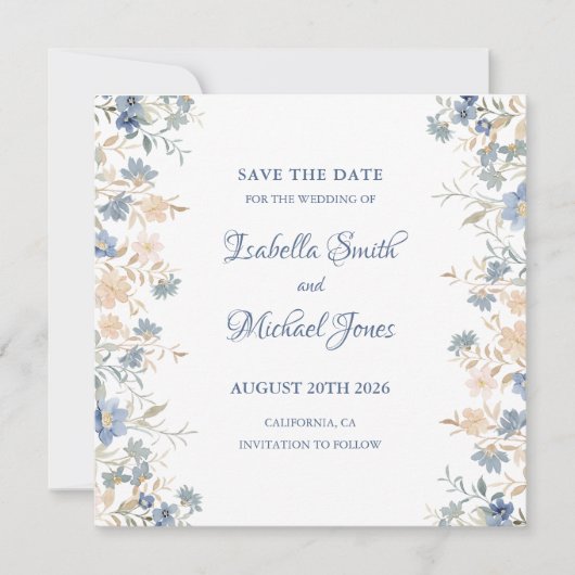 Save The Date Russe Floral Boho bleu et Mariage beige (Devant)