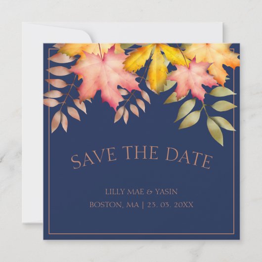 Save The Date Russe Marine Bleu Automne Feuilles Mariage (Devant)