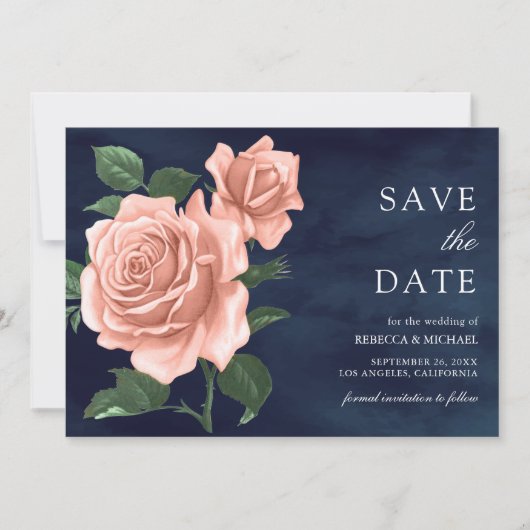 Save The Date Russe Marine bleu Dusty Pêcher Rose Mariage (Devant)