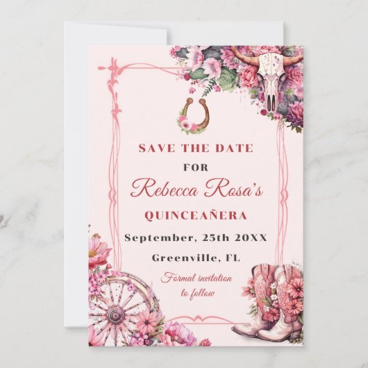 Save The Date Russe rose Boho Ouest Charra Thème Quinceanera (Devant)