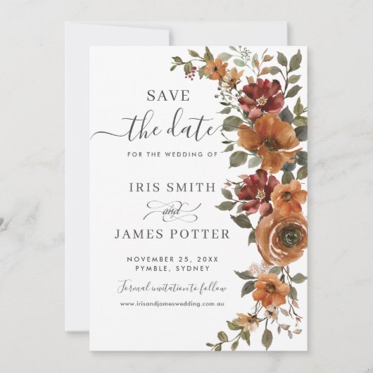 Save The Date Russe Rust Terme Orange Cuivre Mariage Floral (Devant)