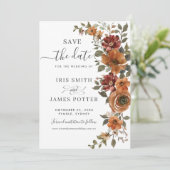 Save The Date Russe Rust Terme Orange Cuivre Mariage Floral (Debout devant)