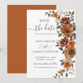 Save The Date Russe Rust Terme Orange Cuivre Mariage Floral (Devant / Derrière)