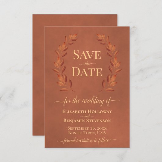 Save The Date Rust Laurel Feuilles Élégant Mariage en terre cuit (Devant / Derrière)
