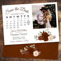 Rust Orange Floral Mariage Calendrier & Photo