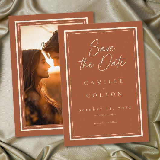 Save The Date Rust Terracotta Minimalist Frame Wedding Photo