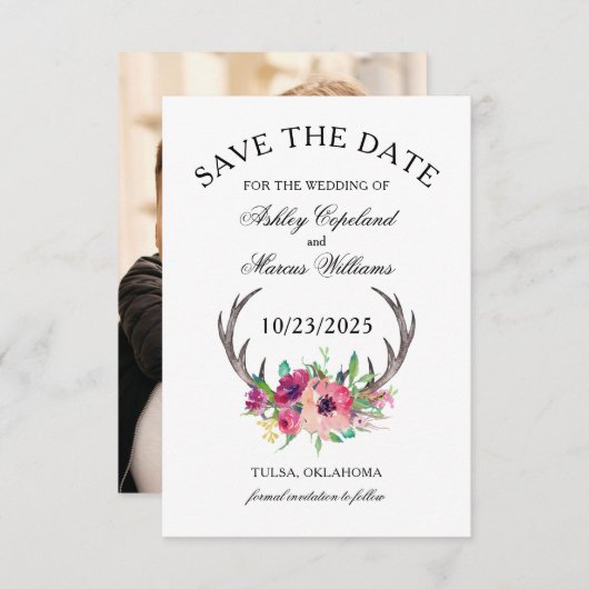 Save The Date Rustic Antlers Boho Floral Photo Enregistrer la da (Devant / Derrière)