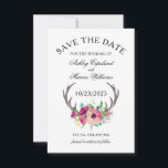Save The Date Rustic Antlers Boho Floral Photo Enregistrer la da<br><div class="desc">Avec un style boho rustique enchanteur, ce mariage Save the Date design présente des bois de cerfs magnifiquement ornés de fleurs d'aquarelle dans des teintes violettes, magenta et roses riches. Modifiez l'exemple de texte avec vos noms, la date du mariage et la ville du mariage. Au verso de la carte...</div>