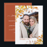 Save The Date Rustic Autumn Botanical Photo Enregistrer la date<br><div class="desc">Aquarelle botanique d'automne moderne et rustique Eucalyptus Mariage Photo Save the Date avec votre photo fiançailles et notre belle Californie (ouest) eucalyptus, dans les tons chauds de terre et les couleurs de l'automne, avec typographie moderne. Élégamment moderne, mais intemporelle et classique. Ce design combine les éléments naturels de l'eucalyptus doré...</div>