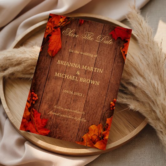 Save The Date Rustic Autumn Wood Leaves