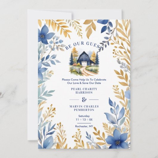 Save The Date Rustic Barn Botanical Blue Leaves & Branches Frame (Devant)