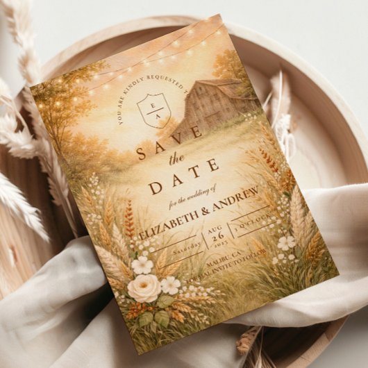 Save The Date Rustic Barn Meadow String Lights Wedding