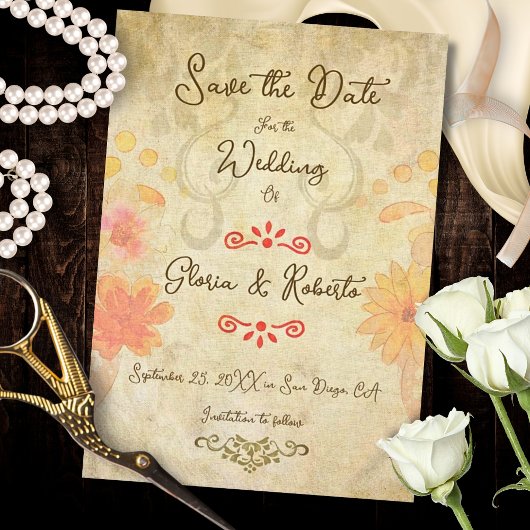 Save The Date Rustic Baroque Floral Sacred Heart Mexican Wedding