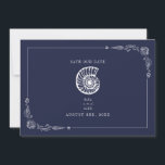 Save The Date Rustic Beach Wedding Dark Blue Enregistrer La Date<br><div class="desc">Illustration du coquillage rustique de coquillages d'escargots de mer au sommet de la frontière botanique de coquillages d'art en ligne. L'Arrière - plan est bleu marine.</div>