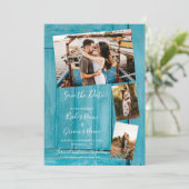 Save The Date Rustic Blue Wood 3 Photos Mariage (Debout devant)