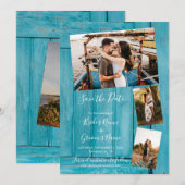 Save The Date Rustic Blue Wood 3 Photos Mariage (Devant / Derrière)