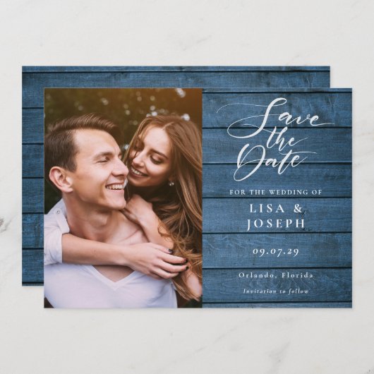 Save The Date Rustic Blue Wood Élégant Script Mariage photo (Devant / Derrière)