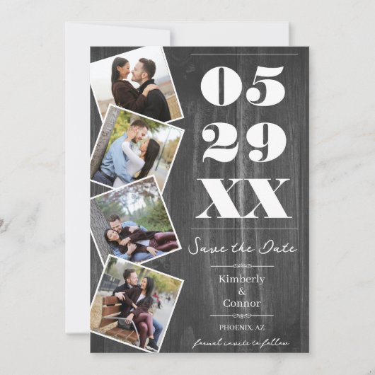 Save The Date Rustic Bold Four Photo Enregistrer la date | Gris (Devant)