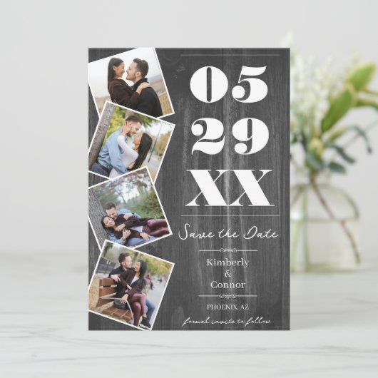 Save The Date Rustic Bold Four Photo Enregistrer la date | Gris (Debout devant)