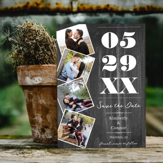 Save The Date Rustic Bold Four Photo Enregistrer la date | Gris