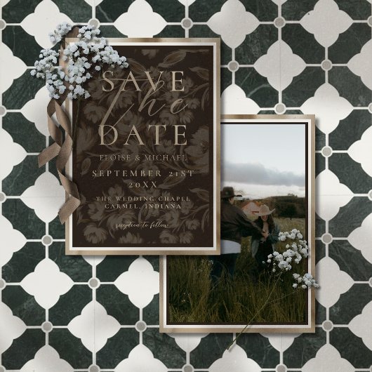 Save The Date Rustic Brown Botanical Pattern Photo Wedding