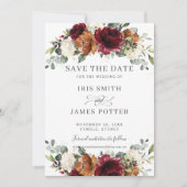 Save The Date Rustic Burgundy Burnt Orange Ivory Floral Wedding (Devant)