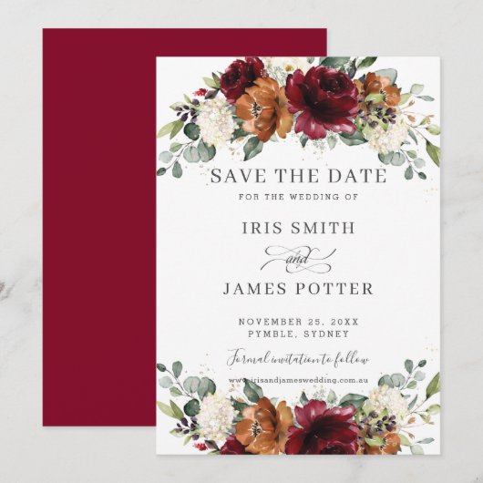 Save The Date Rustic Burgundy Burnt Orange Ivory Floral Wedding (Devant / Derrière)