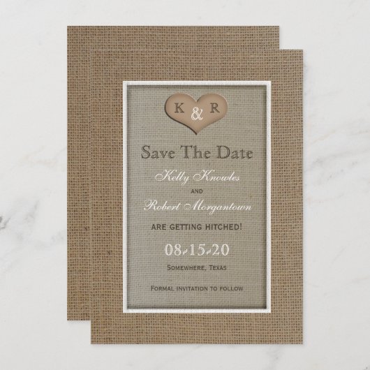 Save The Date Rustic Burlap Enregistrer l'invitation de la date (Devant / Derrière)