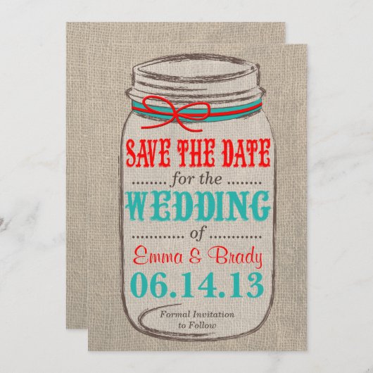 Save The Date Rustic Burlap & Mason Jar Wedding Wedding Enregist (Devant / Derrière)