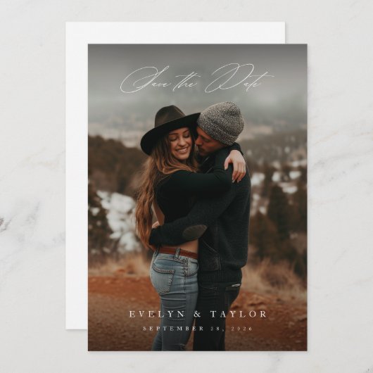 Save The Date Rustic Calligraphy Script QR Code Wedding Photo (Devant / Derrière)