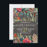 Save The Date Rustic Chalkboard hiver Floral Mariage de Noël<br><div class="desc">Un mariage rustique et élégant d'hiver, enregistrez la carte modèle date sur le tableau noir gris avec des fleurs d'aquarelle rouge et verte, des botaniques d'hiver, des cônes de pin et du feuillage. Personnalisez avec vos détails ! L'invitation convient à l'élégant pays rustique hivernal | station de montagne ou chalet...</div>