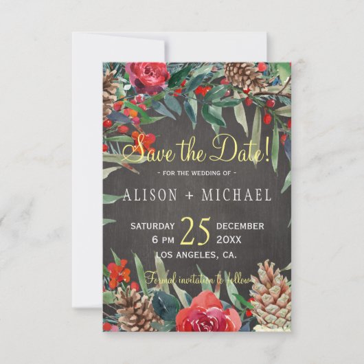 Save The Date Rustic Chalkboard hiver Floral Mariage de Noël (Devant)