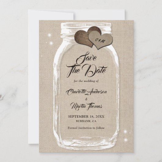Save The Date Rustic Country Burlap Hearts Mason Jar Mariage (Devant)