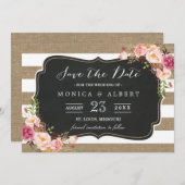 Save The Date Rustic Country Burlap Stripes Floral Enregistrer l (Devant / Derrière)