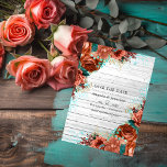 Save The Date Rustic Country Grange Coral et Turquoise Floral Ma<br><div class="desc">Turquoise - turquoise et corail roses mariage de jardin rustique enregistrer la carte de date conçue pour être rapidement et facilement customisé à votre événement spécifique. Idéal pour un thème ou un mariage de jardin.</div>