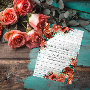 Save The Date Rustic Country Grange Coral et Turquoise Floral Ma