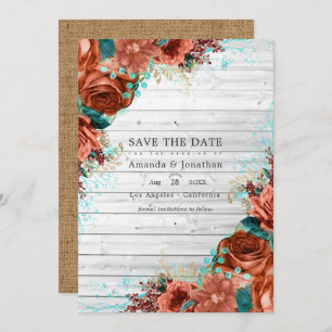 Save The Date Rustic Country Grange Coral et Turquoise Floral Ma