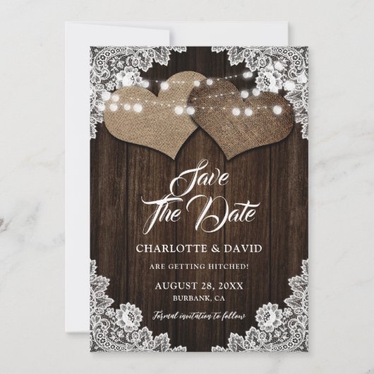 Save The Date Rustic Country Wood Hearts Floral Lace Mariage (Devant)