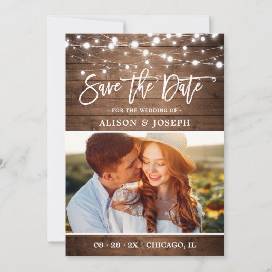 Save The Date Rustic Country Wood Twinkle lumières Mariage Photo (Devant)