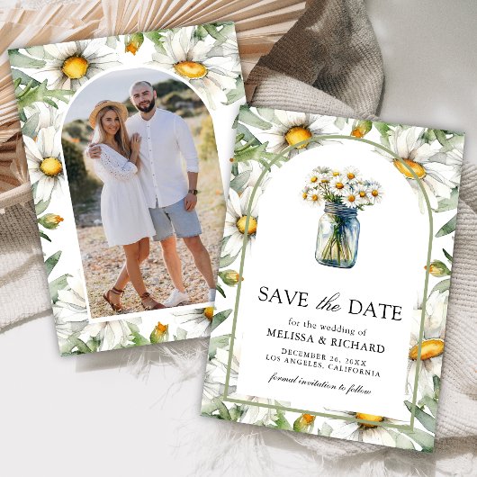 Save The Date Rustic Daisies Floral Mason Jar Photo Wedding