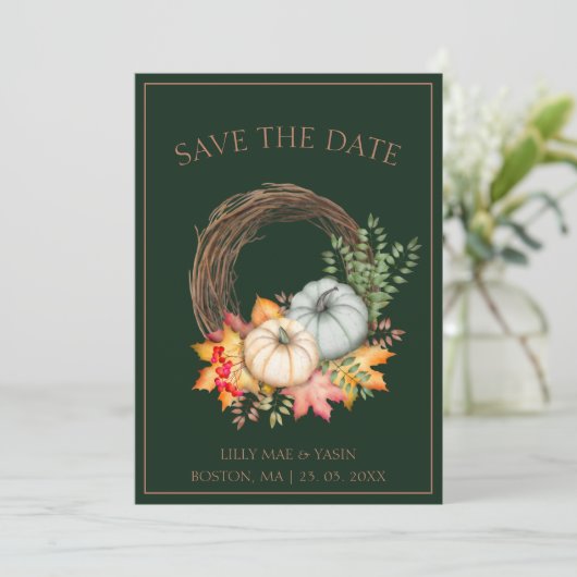 Save The Date Rustic Emerald Green Automne Citrouille Mariage (Debout devant)