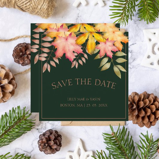 Save The Date Rustic Emerald Green Automne Feuilles Mariage