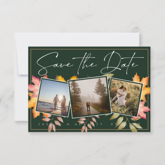 Save The Date Rustic Emerald Green Fall Leaf Trois Mariage photo (Devant)