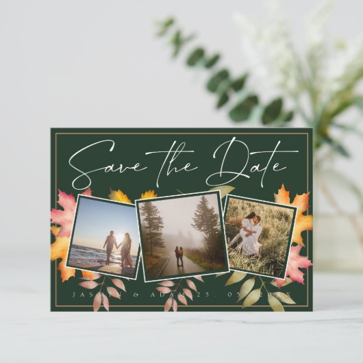 Save The Date Rustic Emerald Green Fall Leaf Trois Mariage photo (Debout devant)