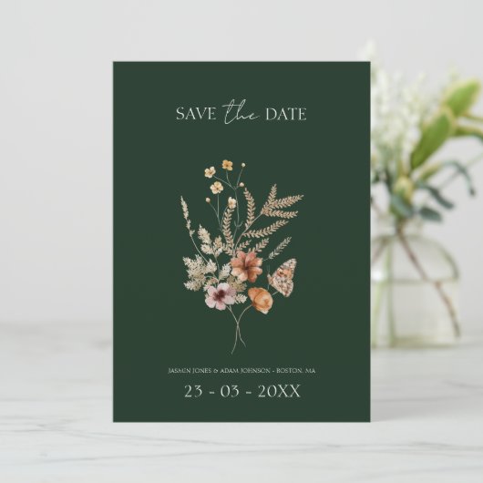 Save The Date Rustic Emerald Green Fleur sauvage Mariage (Debout devant)