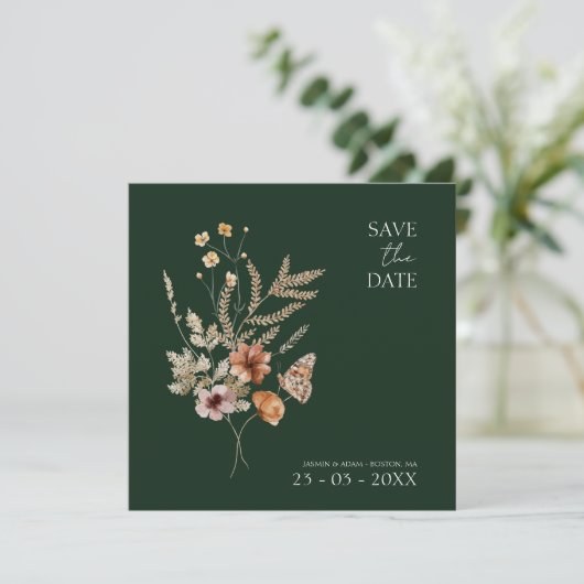 Save The Date Rustic Emerald Green Fleur sauvage Mariage (Debout devant)