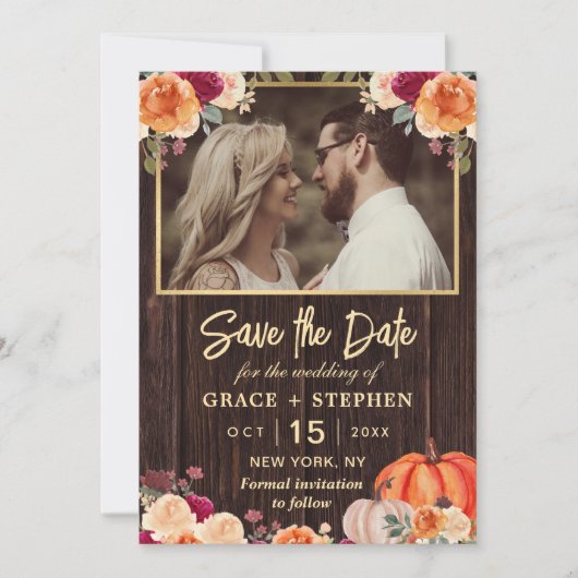 Save The Date Rustic Fall Citrouille mariage floral enregistrer (Devant)