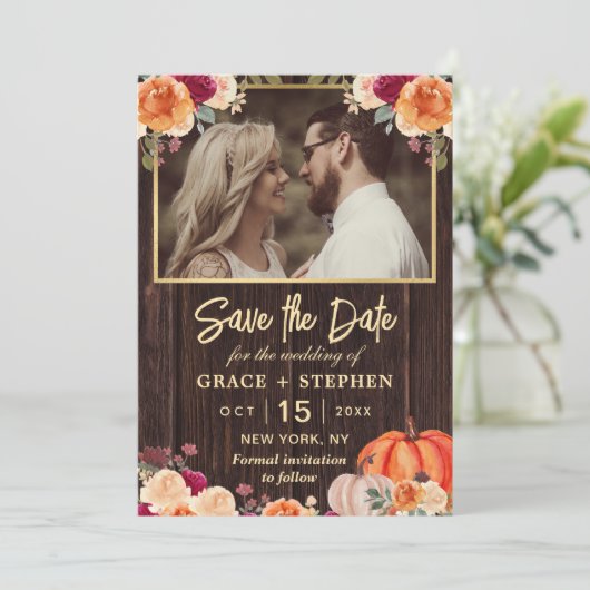 Save The Date Rustic Fall Citrouille mariage floral enregistrer (Debout devant)