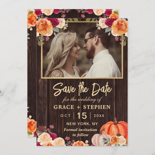 Save The Date Rustic Fall Citrouille mariage floral enregistrer (Devant / Derrière)